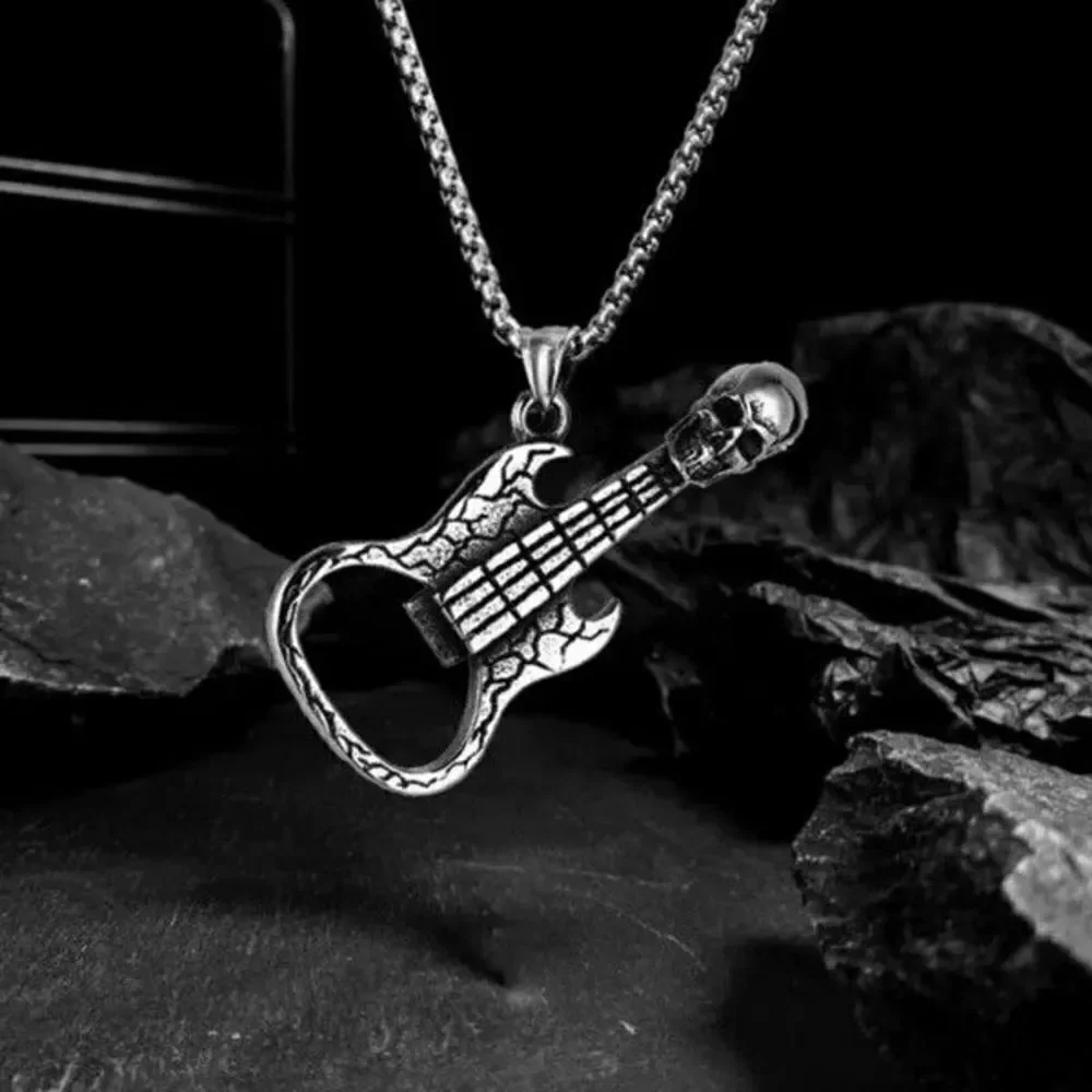 SILVER SKULL GUITAR BOTTLE OPENER NECKLACE